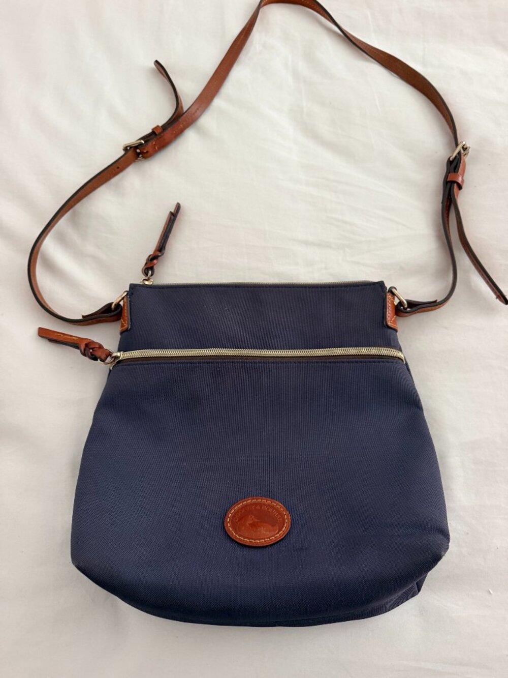 Dooney & Bourke Vintage Navy and Tan Cross Body Canvas and Leather Bag